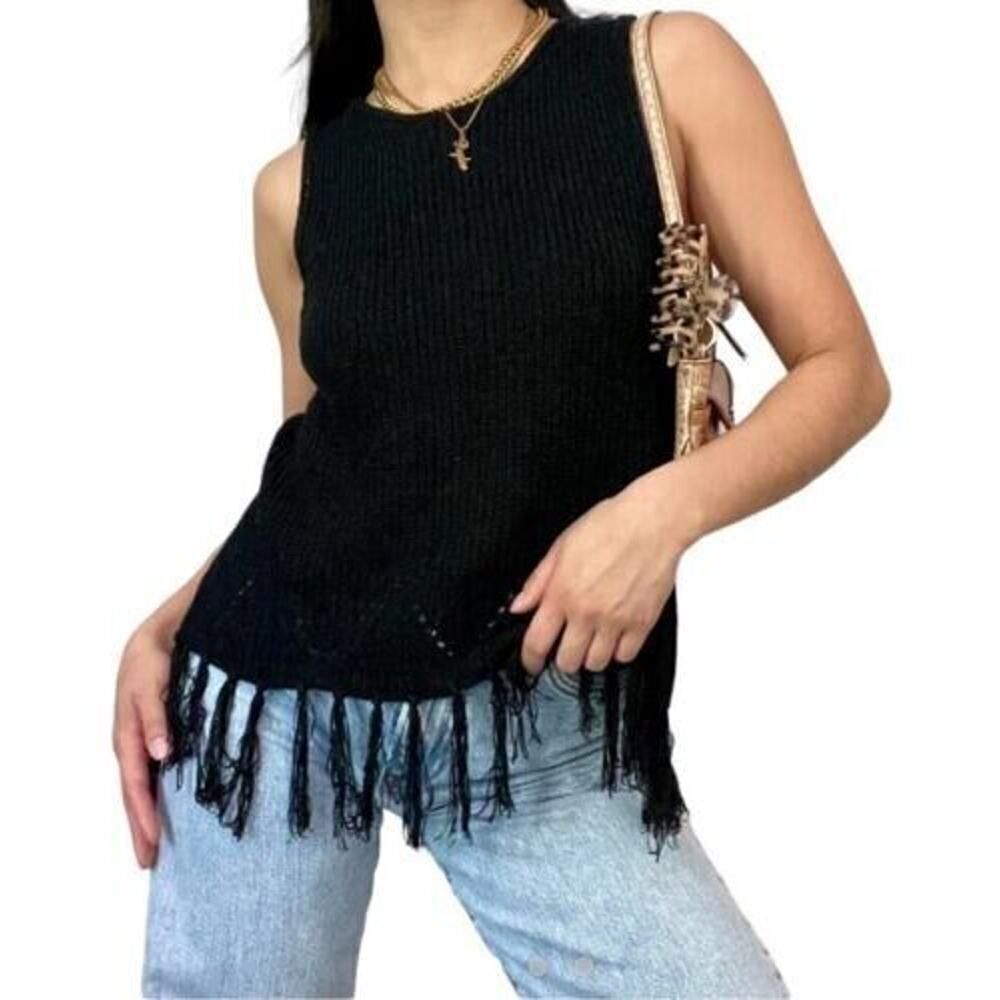 Anthropologie PEPIN black crochet fringe hem knit sweater tank size small